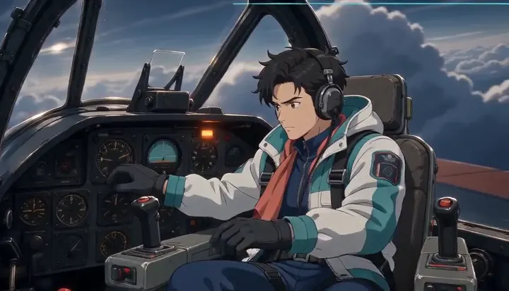 A pilot concentrates inside a fighter cockpit. Sample 1 · frame 0100.