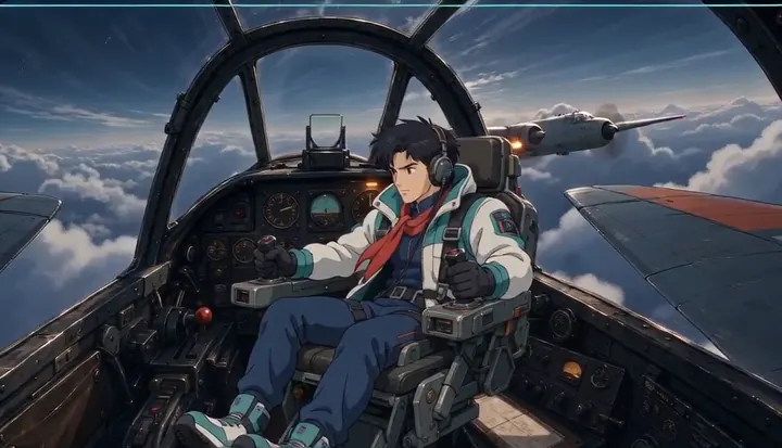 A pilot flies beside another fighter above the clouds. Sample 1 · frame 0092.