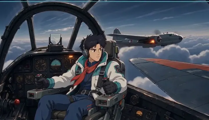 A pilot flies beside another fighter above the clouds. Sample 2 · frame 0132.