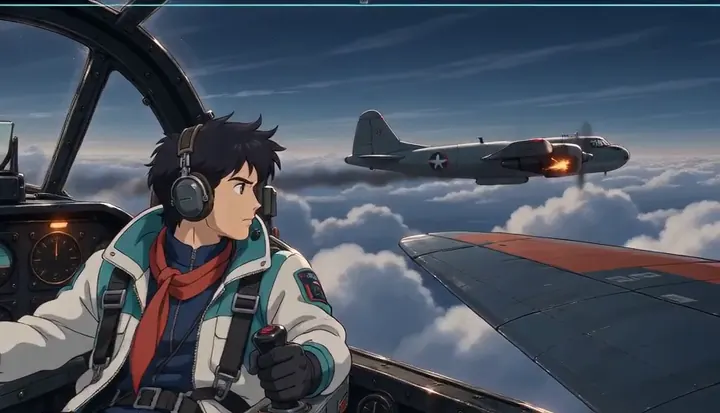 A pilot flies beside another fighter above the clouds. Sample 3 · frame 0176.