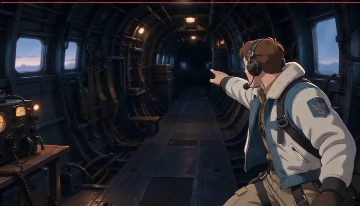 A crew member walks down the empty bomber cabin. Sample 1 · frame 0056.