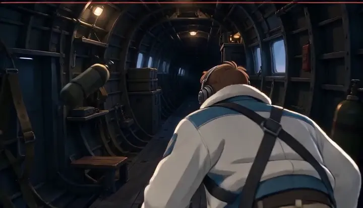 A crew member walks down the empty bomber cabin. Sample 2 · frame 0100.