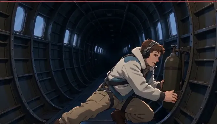 A crew member walks down the empty bomber cabin. Sample 3 · frame 0192.