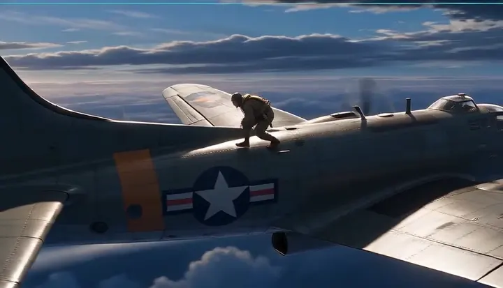 A fighter holds position beside a larger aircraft. Sample 2 · frame 0128.