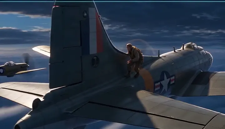 A fighter holds position beside a larger aircraft. Sample 3 · frame 0164.