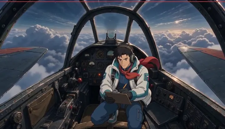 A pilot checks controls in the fighter cockpit. Sample 2 · frame 0136.