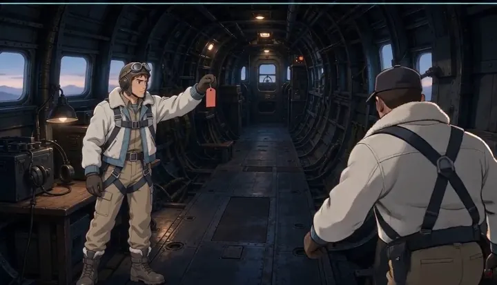 Two bomber crew members compare red tags inside the cabin. Sample 1 · frame 0060.