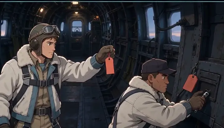 Two bomber crew members compare red tags inside the cabin. Sample 2 · frame 0116.