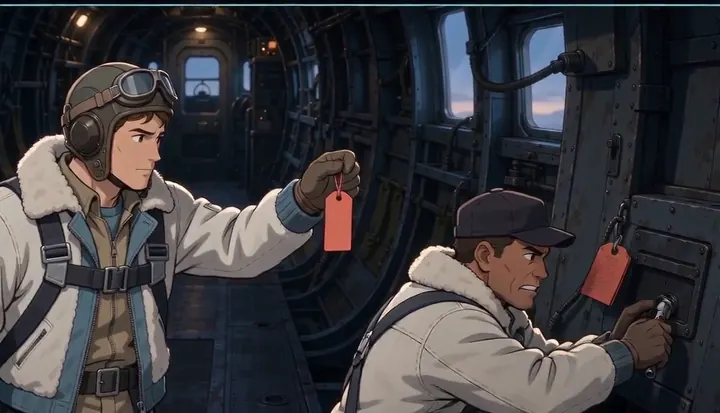 Two bomber crew members compare red tags inside the cabin. Sample 3 · frame 0156.