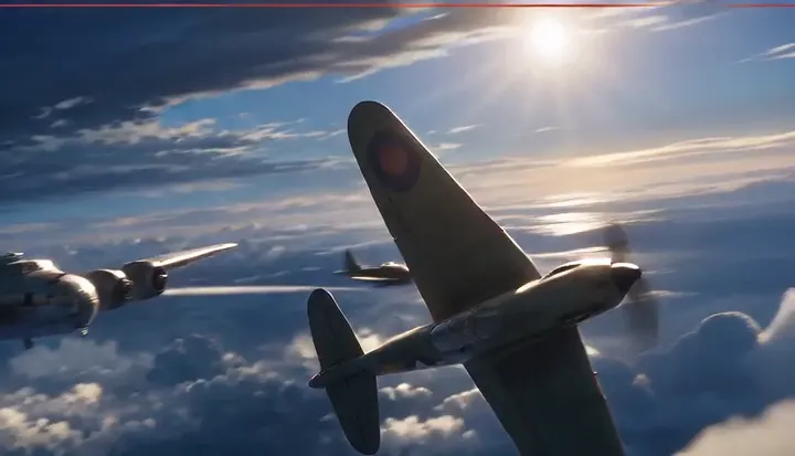 Fighters sweep past a bright wall of cloud. Sample 1 · frame 0048.
