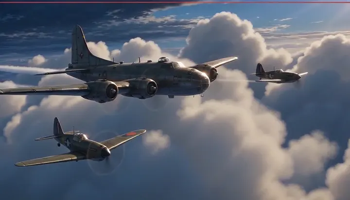 Fighters sweep past a bright wall of cloud. Sample 3 · frame 0215.