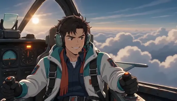 A pilot grips the controls with sunlight behind him. Sample 2 · frame 0124.