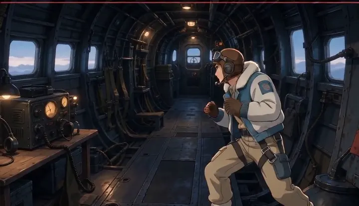 A crew member braces in the bomber cabin. Sample 1 · frame 0052.