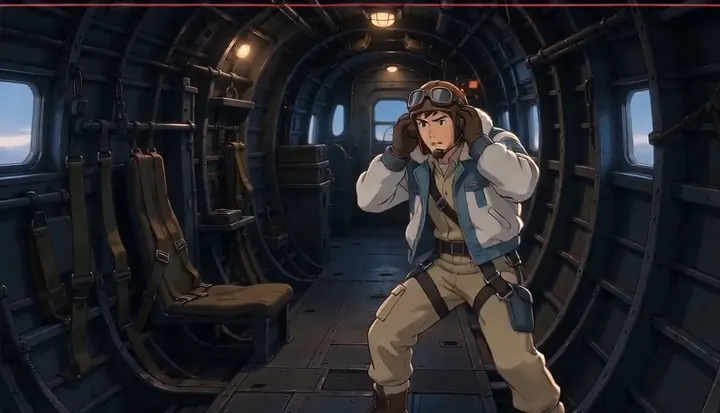 A crew member braces in the bomber cabin. Sample 2 · frame 0164.