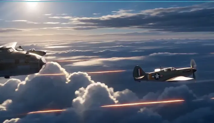 Tracer fire crosses the sky beneath two fighters. Sample 2 · frame 0100.