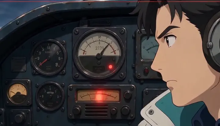 Warning lights glow on the panel beside a pilot's face. Sample 2 · frame 0132.