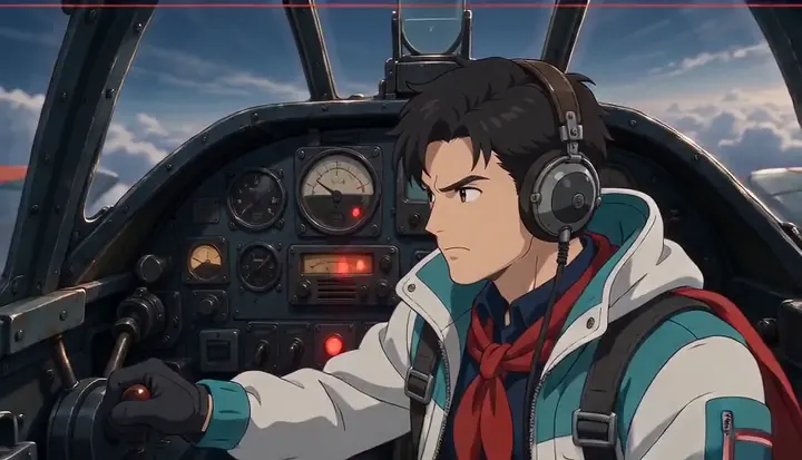 Warning lights glow on the panel beside a pilot's face. Sample 3 · frame 0192.