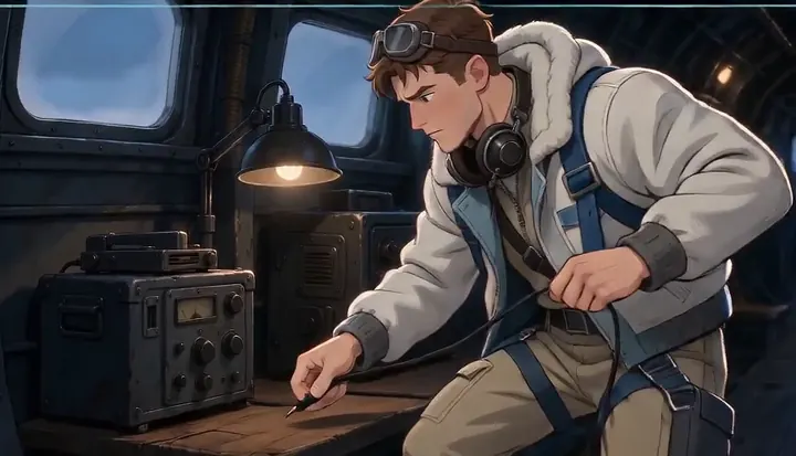 A radio operator grips a microphone inside the bomber. Sample 1 · frame 0096.