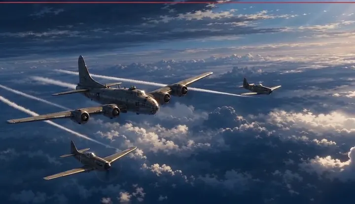 Aircraft peel away from a bomber formation. Sample 1 · frame 0040.