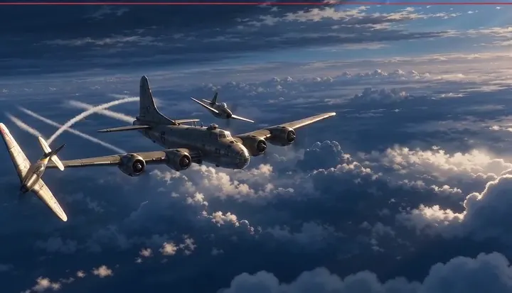 Aircraft peel away from a bomber formation. Sample 2 · frame 0164.