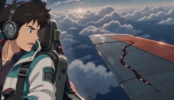 A pilot banks the fighter above the clouds. Sample 3 · frame 0196.