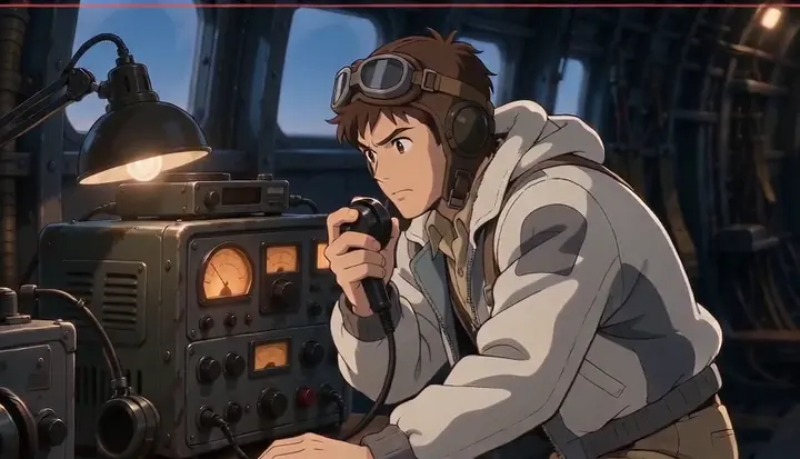 A radio operator speaks into a handheld microphone. Sample 2 · frame 0132.