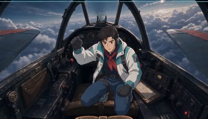 A seated pilot faces an open notebook inside the fighter cockpit. Sample 1 · frame 0048.