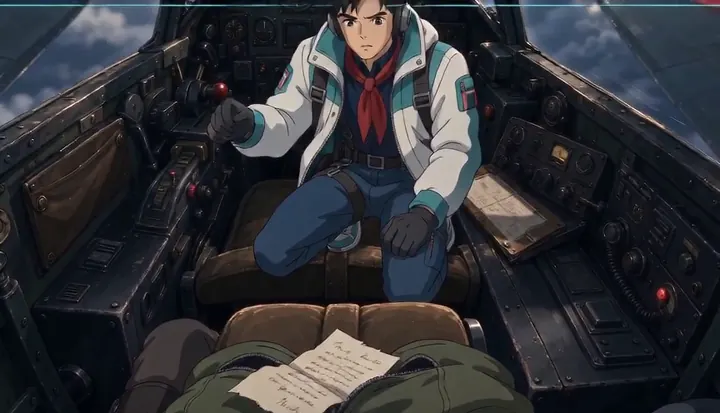A seated pilot faces an open notebook inside the fighter cockpit. Sample 2 · frame 0116.