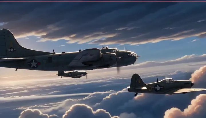 A bomber and fighter fly in close formation. Sample 2 · frame 0091.