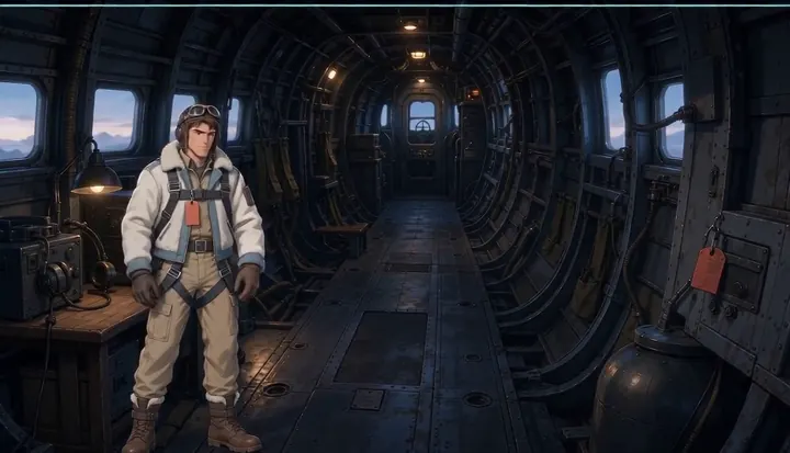 A crew member stands alone in the bomber cabin. Sample 1 · frame 0043.