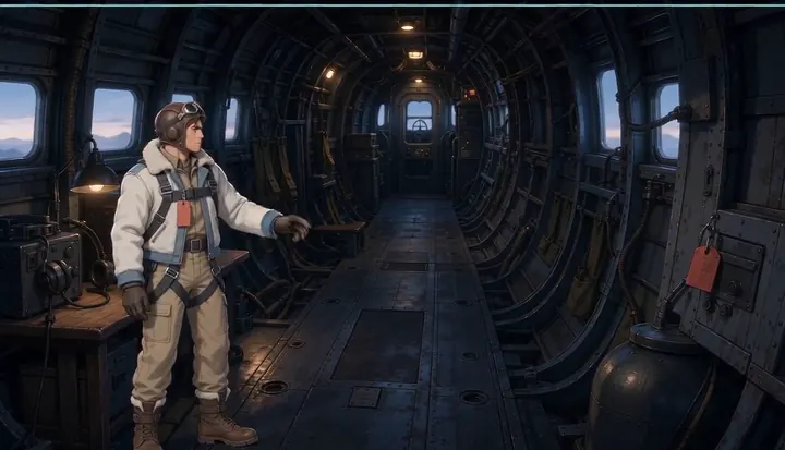 A crew member stands alone in the bomber cabin. Sample 2 · frame 0136.