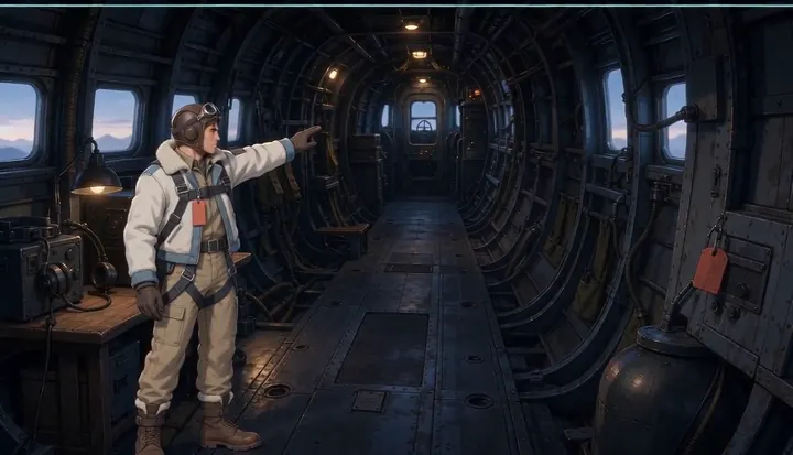 A crew member stands alone in the bomber cabin. Sample 3 · frame 0183.