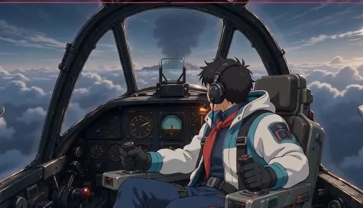 A pilot looks back across the wing during flight. Sample 2 · frame 0156.