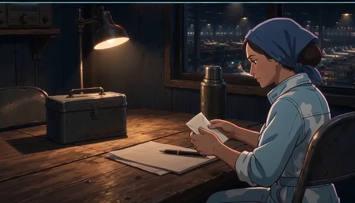 A factory worker reads a letter at a table overlooking the night shift. Sample 1 · frame 0100.
