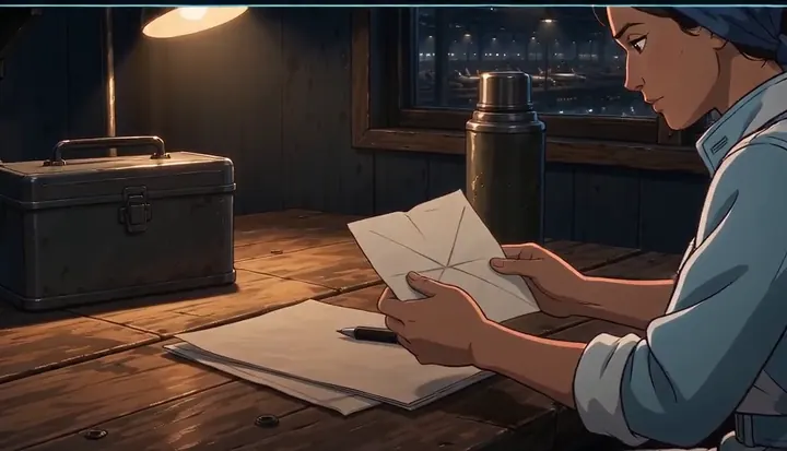 A factory worker reads a letter at a table overlooking the night shift. Sample 2 · frame 0144.