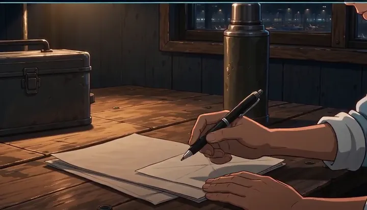 A factory worker reads a letter at a table overlooking the night shift. Sample 3 · frame 0192.