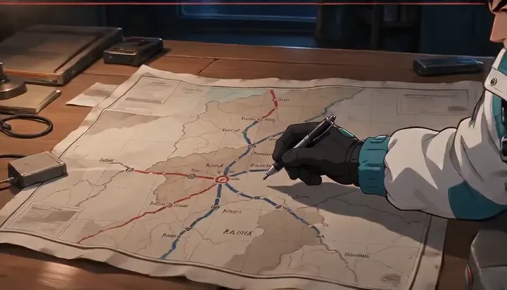 A gloved hand marks a route on a paper map. Sample 1 · frame 0052.