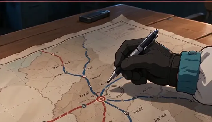 A gloved hand marks a route on a paper map. Sample 2 · frame 0092.