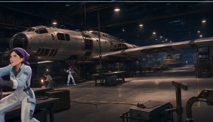 Workers stand beneath a bomber under construction. Sample 1 · frame 0034.