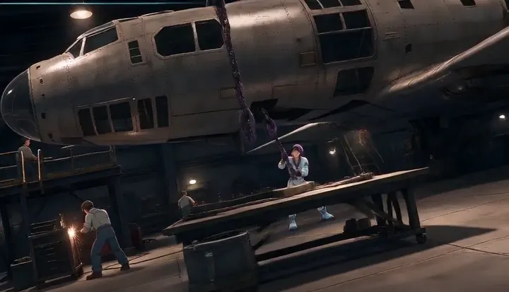 Workers stand beneath a bomber under construction. Sample 2 · frame 0084.