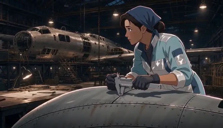 A worker runs a tool across the riveted skin of a bomber wing. Sample 3 · frame 0159.