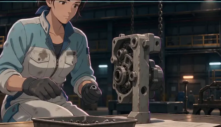 A worker tightens a metal assembly on the factory floor. Sample 1 · frame 0074.