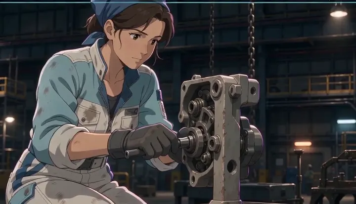 A worker tightens a metal assembly on the factory floor. Sample 2 · frame 0112.
