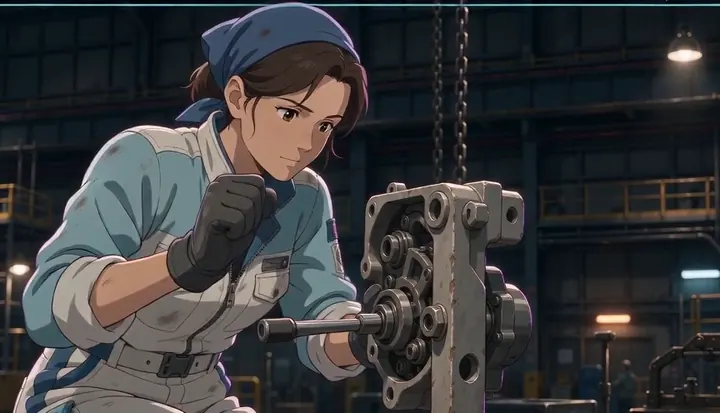 A worker tightens a metal assembly on the factory floor. Sample 3 · frame 0212.