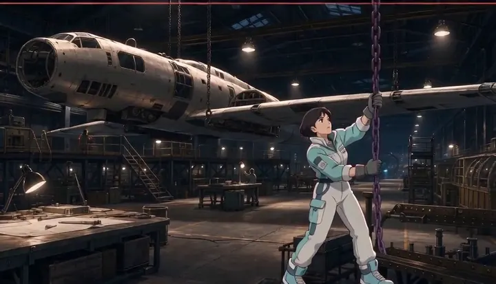 A worker guides an overhead hoist beneath a suspended bomber. Sample 1 · frame 0036.