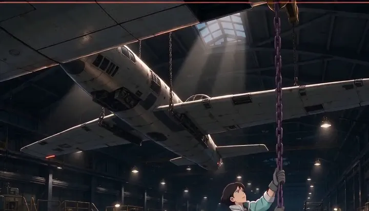 A worker guides an overhead hoist beneath a suspended bomber. Sample 3 · frame 0156.