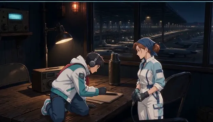 Two workers compare a mechanical part during the night shift. Sample 1 · frame 0052.