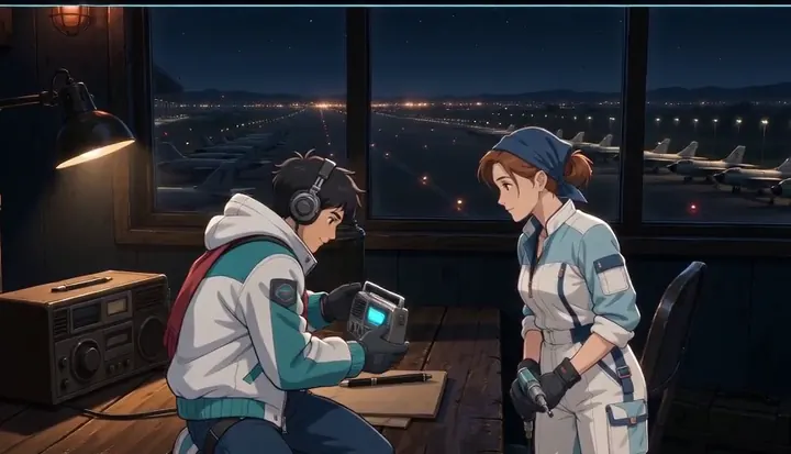 Two workers compare a mechanical part during the night shift. Sample 2 · frame 0156.