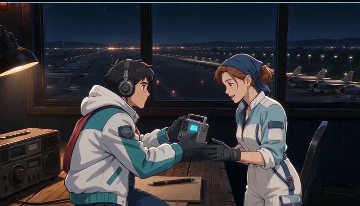 Two workers compare a mechanical part during the night shift. Sample 3 · frame 0192.