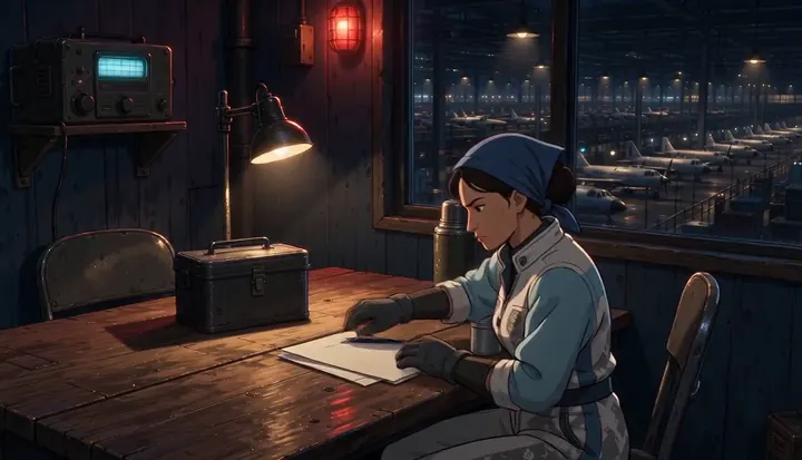 A worker pauses with a mug and a letter beside the factory window. Sample 1 · frame 0030.